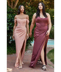 Off the Shoulder Sheath Fitted Lace-Up Slit Draped Corset Waistline Satin Ball Gown Sheath Dress/Bridesmaid Dress/Prom Dress