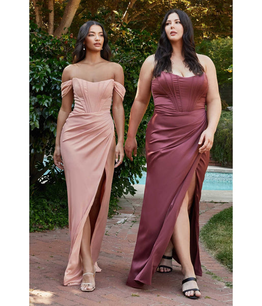 Sheath Satin Fitted Lace-Up Draped Slit Corset Waistline Off the Shoulder Ball Gown Sheath Dress/Bridesmaid Dress/Prom Dress