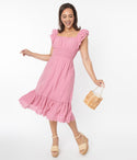 Fitted Ruffle Trim Elasticized Waistline Scoop Neck Smocked Midi Dress