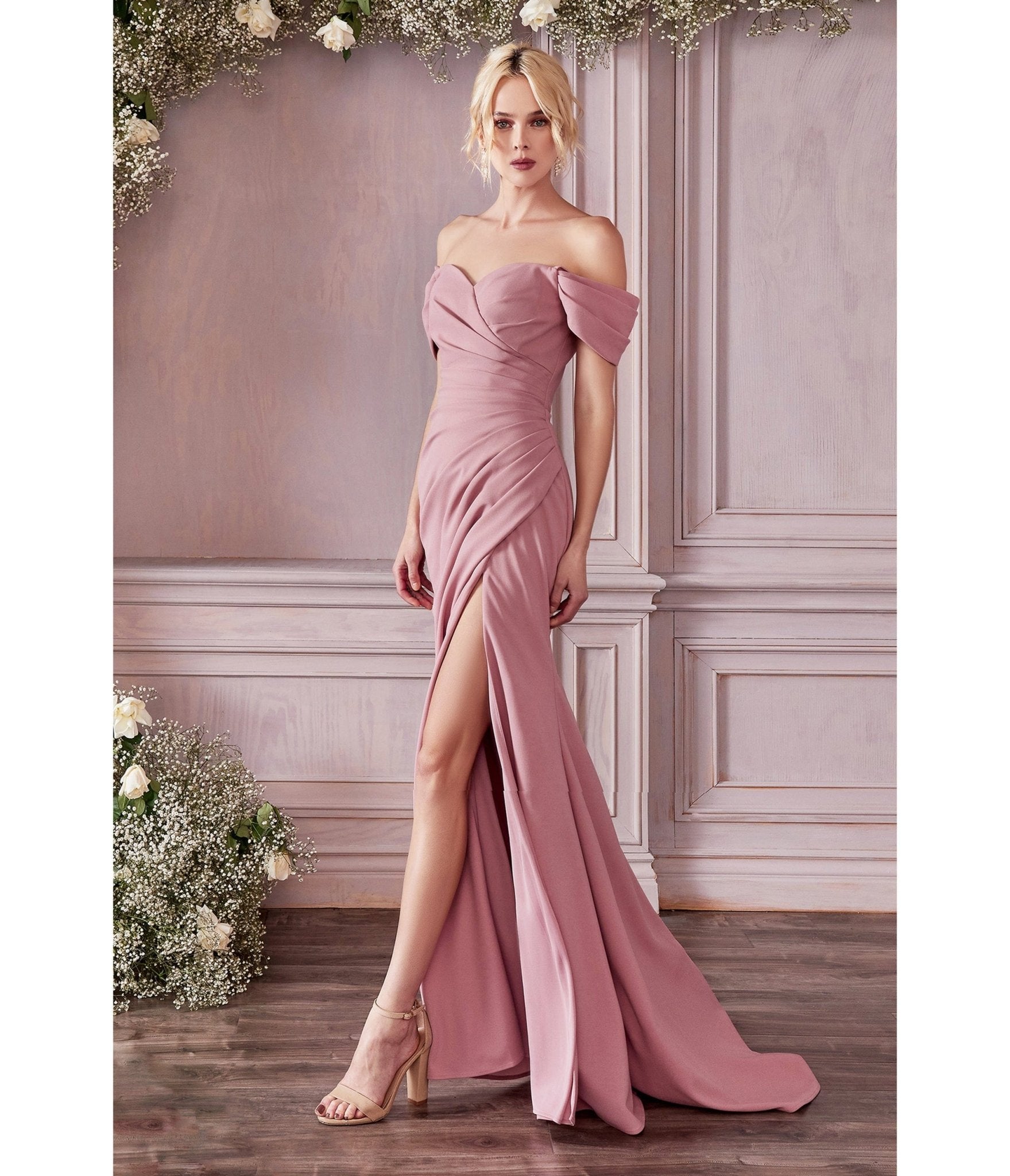 

Cinderella Divine Dusty Rose Regal Off Shoulder Bridesmaid Dress