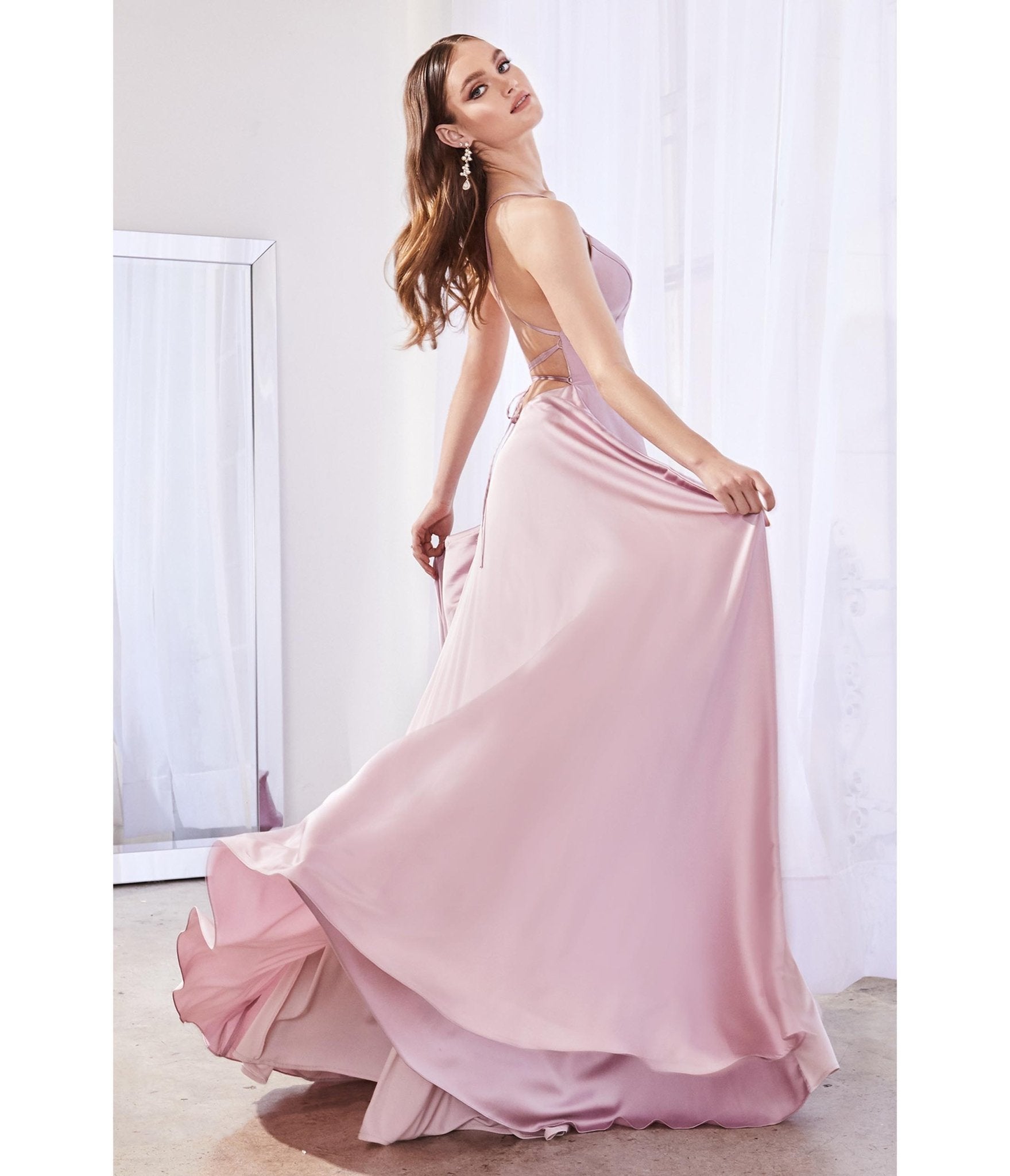 

Cinderella Divine Dusty Rose Satin A-Line Lace Back Bridesmaid Dress