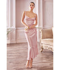 Sexy Cowl Neck Draped Fitted Asymmetric Slit Pleated Satin Homecoming Dress/Bridesmaid Dress/Slip Dress/Midi Dress