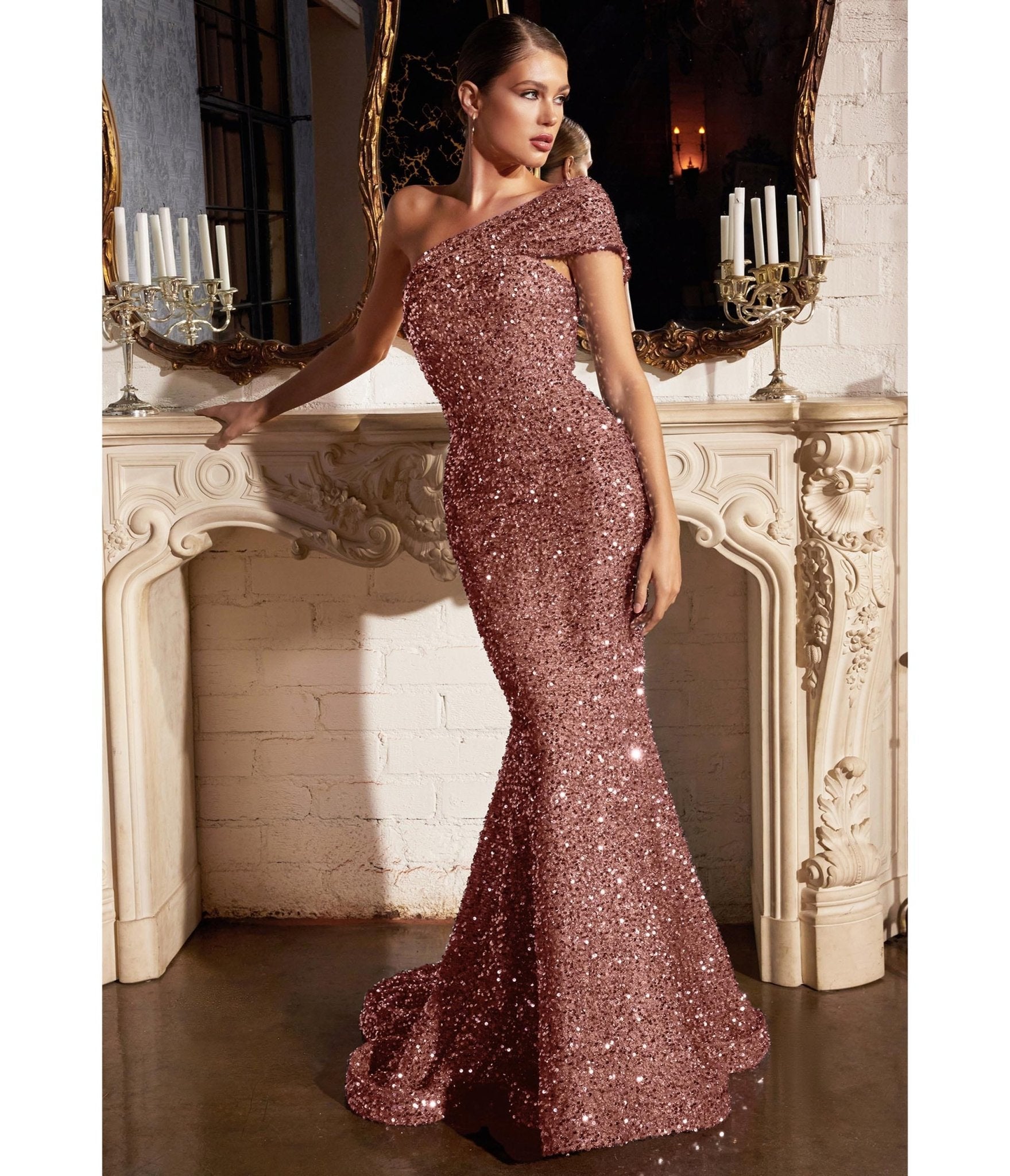 

Cinderella Divine Dusty Rose Sequin One Shoulder Mermaid Prom Gown