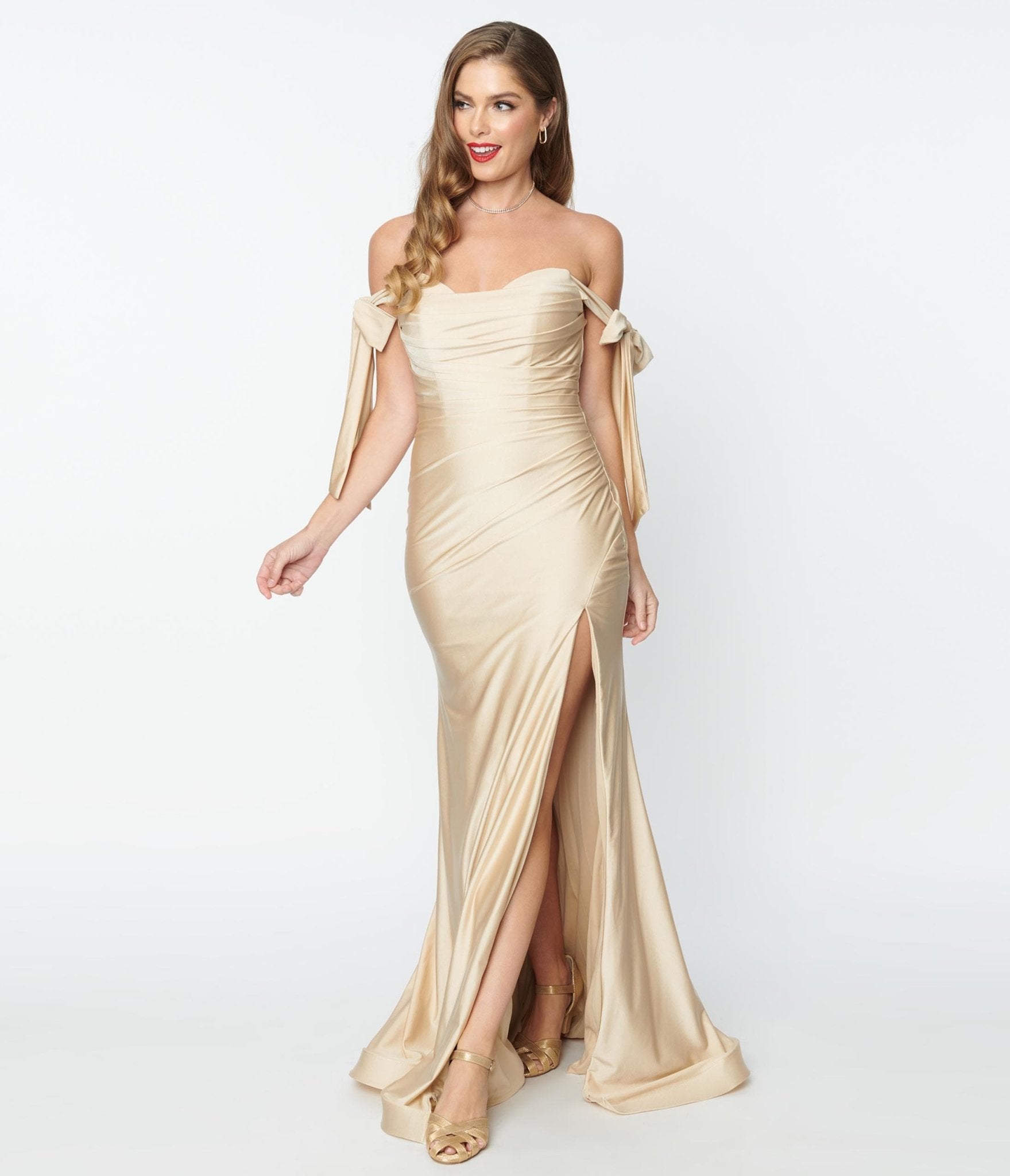 

Elegant Champagne Off The Shoulder Tie Dress