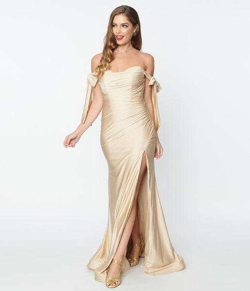 Slit Self Tie Back Zipper Ruched Fitted Satin Off the Shoulder Maxi Dress
