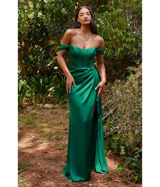 Sheath Corset Waistline Draped Fitted Lace-Up Slit Satin Off the Shoulder Ball Gown Sheath Dress/Prom Dress