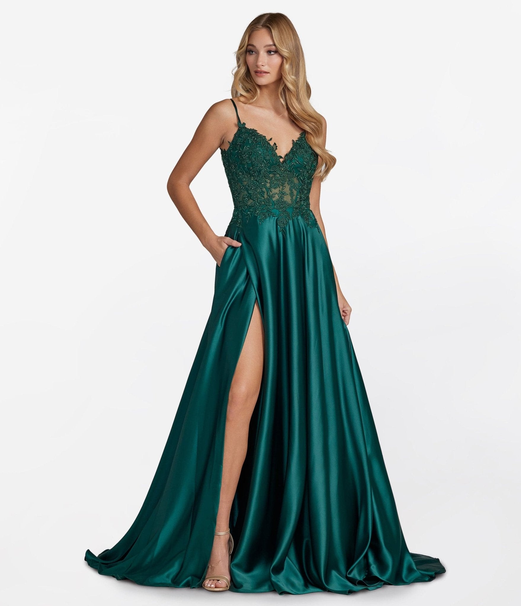 

Emerald Floral Lace & Satin Prom Dress