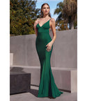 V-neck Floor Length Sleeveless Spaghetti Strap Satin Open-Back Glittering Fitted Evening Dress with a Brush/Sweep Train