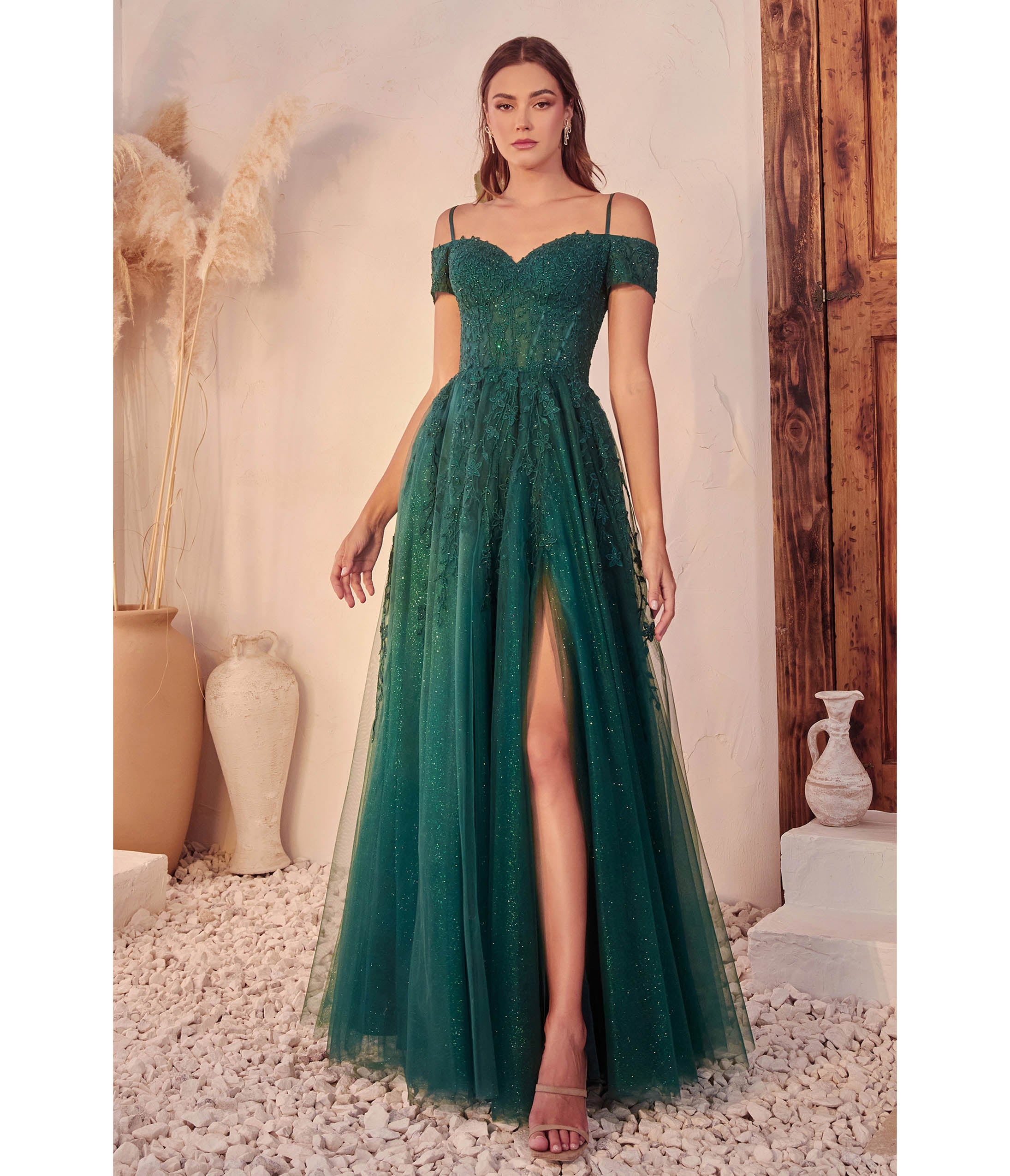

Cinderella Divine Emerald Glitter Tulle Off The Shoulder Applique Slit Gown