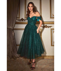 A-line Tulle Pocketed Draped Open-Back Ruched Glittering Sweetheart Tea Length Off the Shoulder Dress