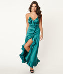 Sexy V-neck Lace-Up Side Zipper Spaghetti Strap Satin High-Low-Hem Maxi Dress With Ruffles