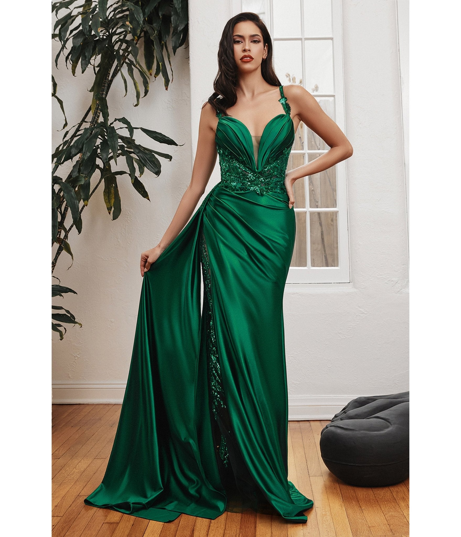 

Cinderella Divine Emerald Green Soft Satin Sheer Leaves Gown