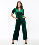 V-neck Back Zipper Pocketed Short Smocked Velvet Jumpsuit