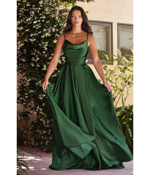 A-line Spaghetti Strap Satin Cowl Neck Prom Dress