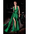 V-neck Halter Plunging Neck Satin Sheath Asymmetric Backless Pleated Slit Fitted Sleeveless Sheath Dress/Evening Dress with a Brush/Sweep Train