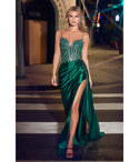 Sexy Pleated Slit Sheer Gathered Fitted Beaded Satin Evening Dress With a Sash