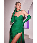 Sexy Strapless Satin Slit Draped Ruched Halter Prom Dress With a Sash