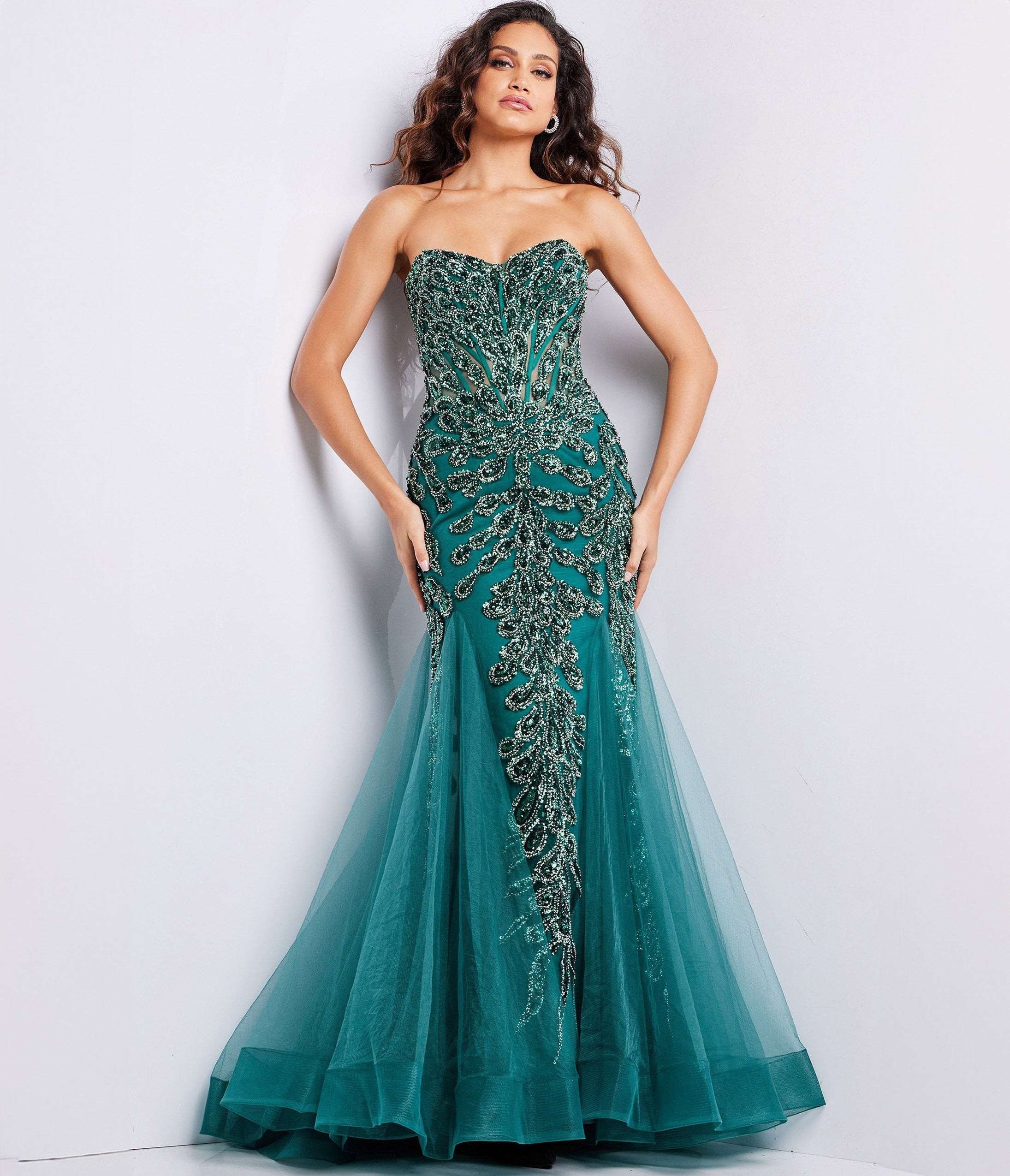 

Jovani Emerald Sequin Embellished Corset Trumpet Evening Gown