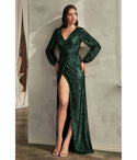 Sophisticated V-neck Slit Sequined Gathered Long Sleeves Evening Dress