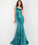 Sequined Asymmetric Illusion Open-Back One Shoulder Floor Length Mermaid Prom Dress with a Court Train