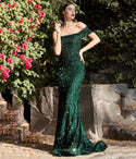 Sequined Off the Shoulder One Shoulder Mermaid Prom Dress with a Brush/Sweep Train