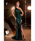 Sophisticated Floor Length Fitted Slit Open-Back Asymmetric Sequined One Shoulder Sleeveless Evening Dress with a Brush/Sweep Train