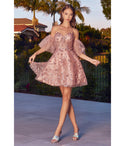 A-line Floral Print Corset Waistline Short Glittering Applique Sheer Sweetheart Puff Sleeves Sleeves Homecoming Dress