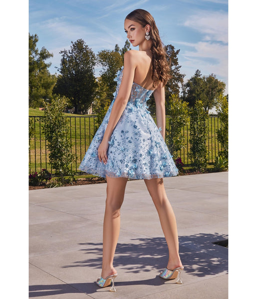 A-line Floral Print Short Sweetheart Puff Sleeves Sleeves Sheer Applique Glittering Corset Waistline Homecoming Dress