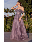 A-line Corset Waistline Beaded Sheer Back Glittering Off the Shoulder Floor Length Prom Dress with a Brush/Sweep Train