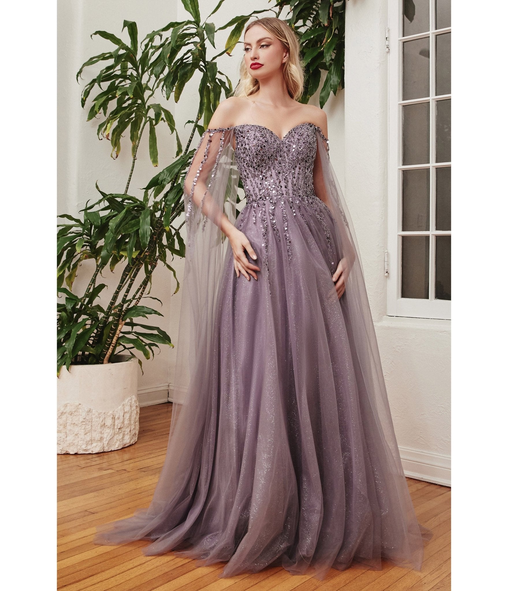 

Cinderella Divine English Violet Sequin Embellished Cape Sleeve Prom Dress