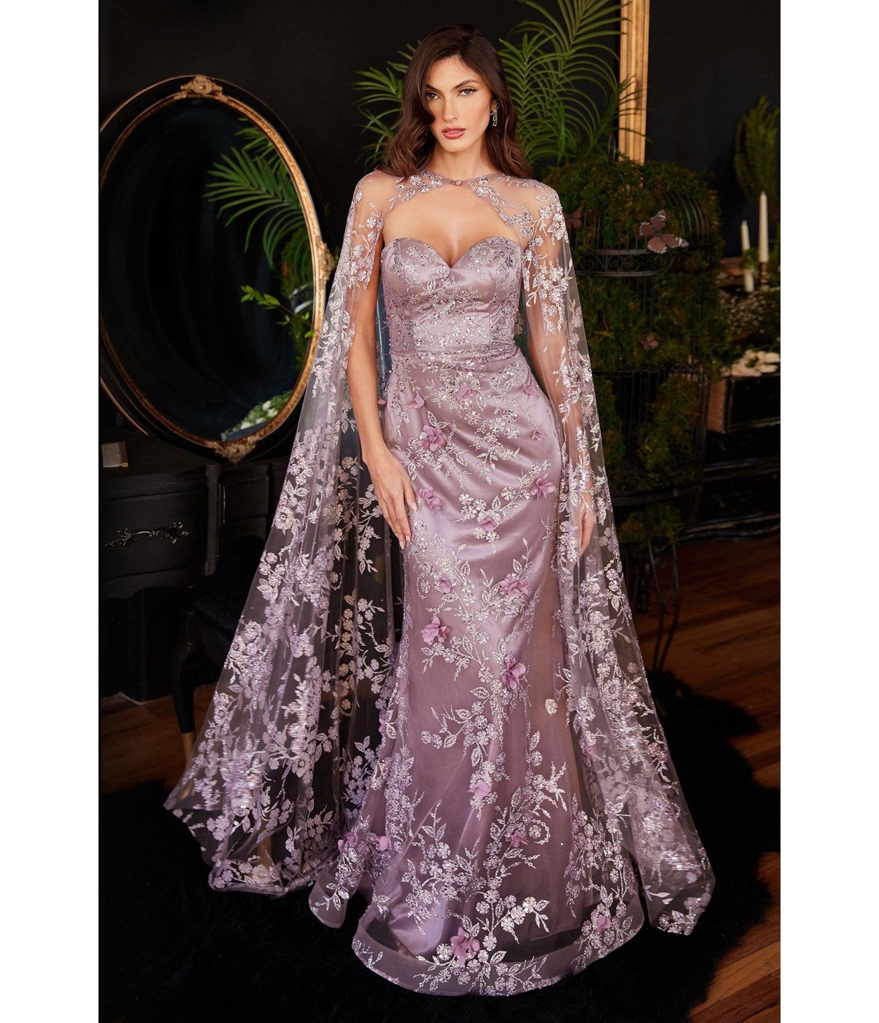 

Cinderella Divine English Violet Sweetheart Fitted Floral Bridesmaid Gown With Cape
