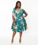 Floral Print Cotton Swing-Skirt Scoop Neck Short Sleeves Sleeves Pleated Pocketed Dress