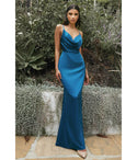 Spaghetti Strap Satin Cowl Neck Self Tie Open-Back Bridesmaid Dress With a Bow(s) and a Sash