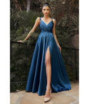 A-line V-neck Self Tie Flowy Slit Satin Bridesmaid Dress