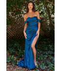 Satin Off the Shoulder Slit Fitted Ruched Draped Sweetheart Floor Length Bridesmaid Dress