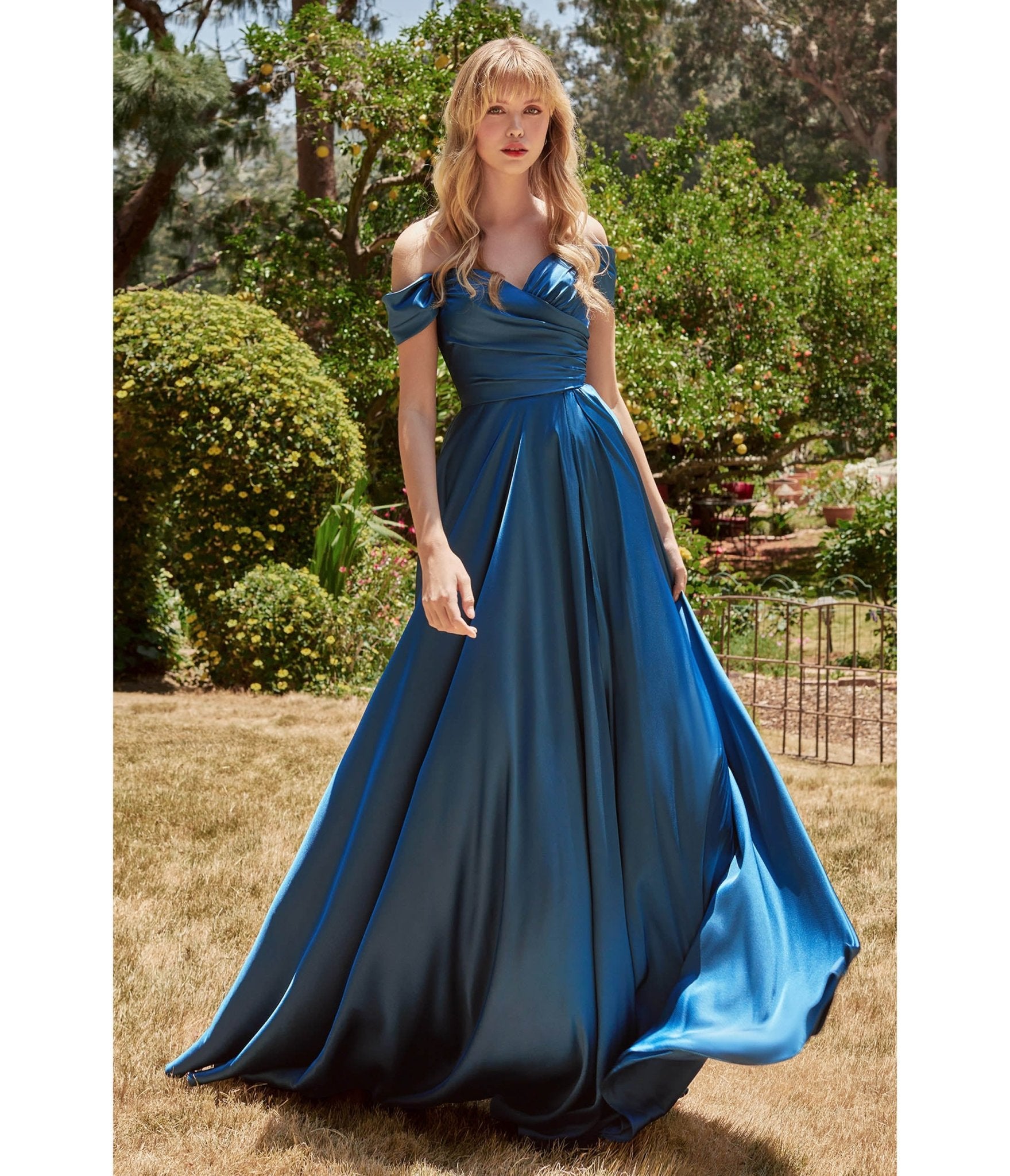 

Cinderella Divine French Navy Satin Off The Shoulder Bridesmaid Gown