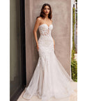 Strapless Mermaid Sheer Beaded Sequined Plunging Neck Sweetheart Tulle Floral Print Wedding Dress