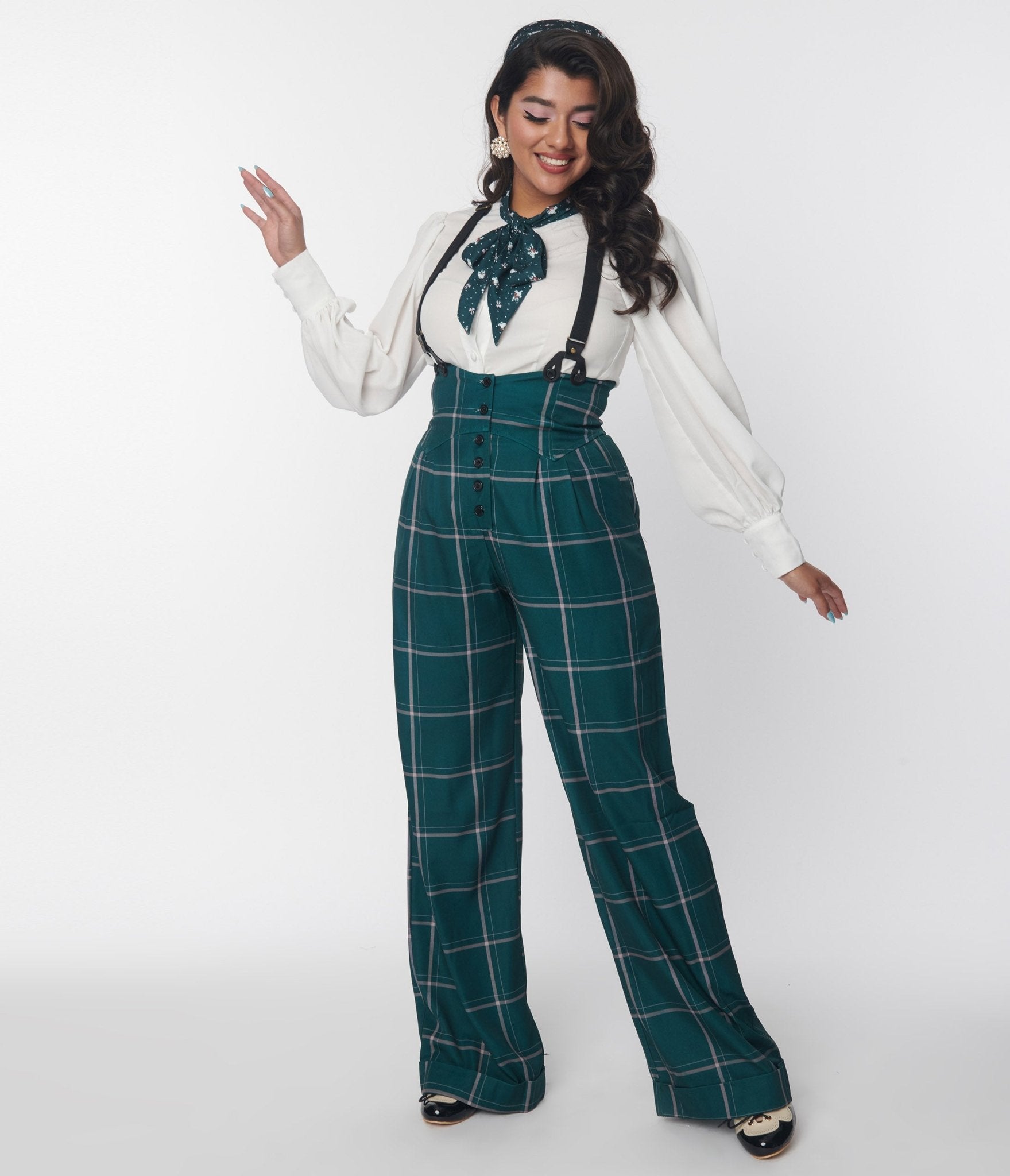 

Frosty The Snowman X Unique Vintage Green Plaid Frosty Thelma Suspender Pants