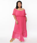 Chiffon Pleated Flowy Short Sleeves Sleeves Off the Shoulder Elasticized Waistline Maxi Dress