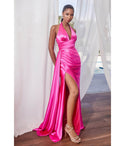 V-neck Asymmetric Backless Slit Pleated Fitted Satin Sleeveless Halter Plunging Neck Sheath Sheath Dress/Evening Dress with a Brush/Sweep Train