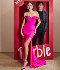 Floor Length Satin Fitted Slit Gathered Off the Shoulder Prom Dress with a Brush/Sweep Train With Rhinestones