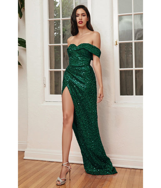 Off the Shoulder Sheath Draped Sequined Slit Fitted Corset Waistline Ball Gown Sheath Dress/Prom Dress