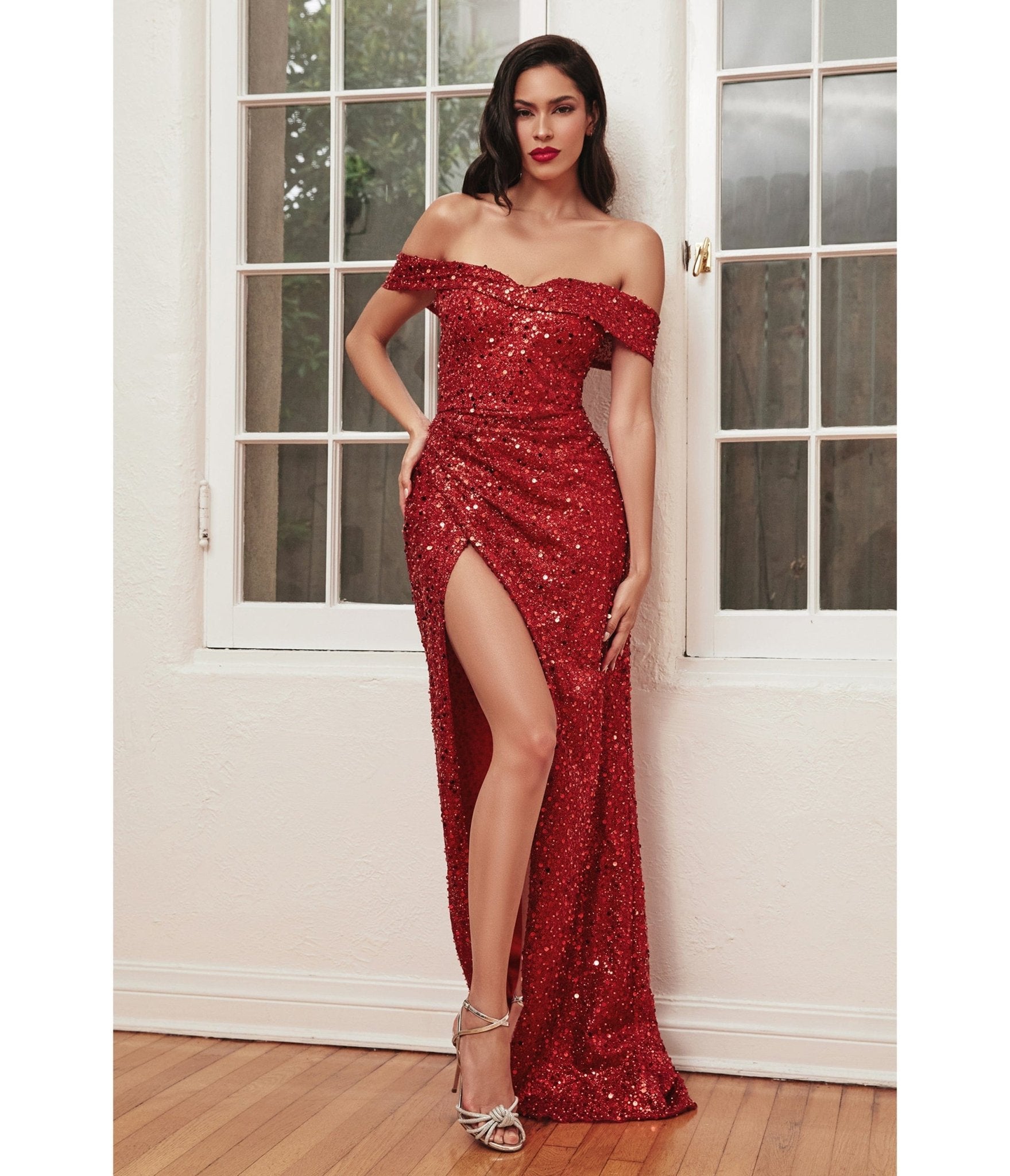 

Cinderella Divine Glamorous Red Off Shoulder Sequin Prom Gown