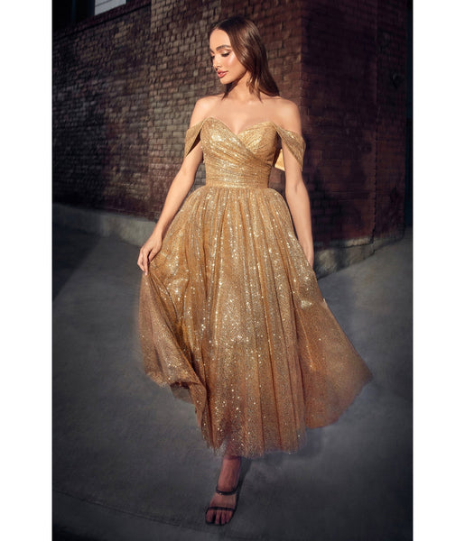 A-line Tea Length Glittering Ruched Pocketed Draped Open-Back Sweetheart Off the Shoulder Tulle Dress