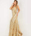 V-neck Sequined Fitted Illusion Open-Back Floor Length Mermaid Plunging Neck Evening Dress with a Court Train