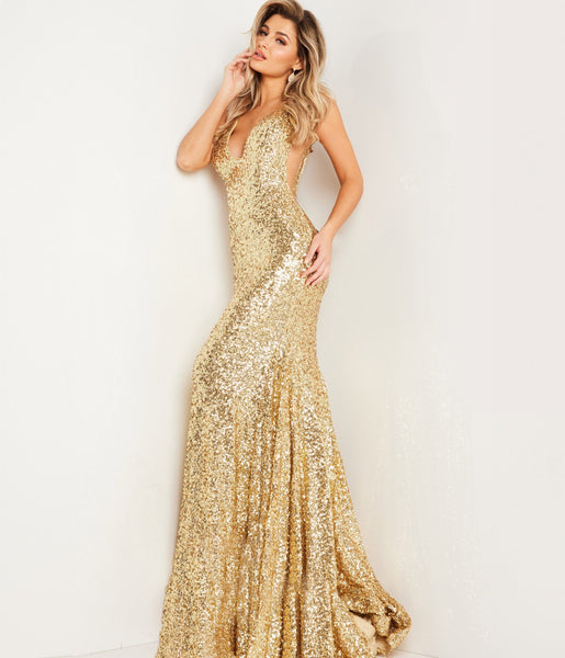V-neck Plunging Neck Fitted Open-Back Illusion Sequined Mermaid Floor Length Evening Dress with a Court Train
