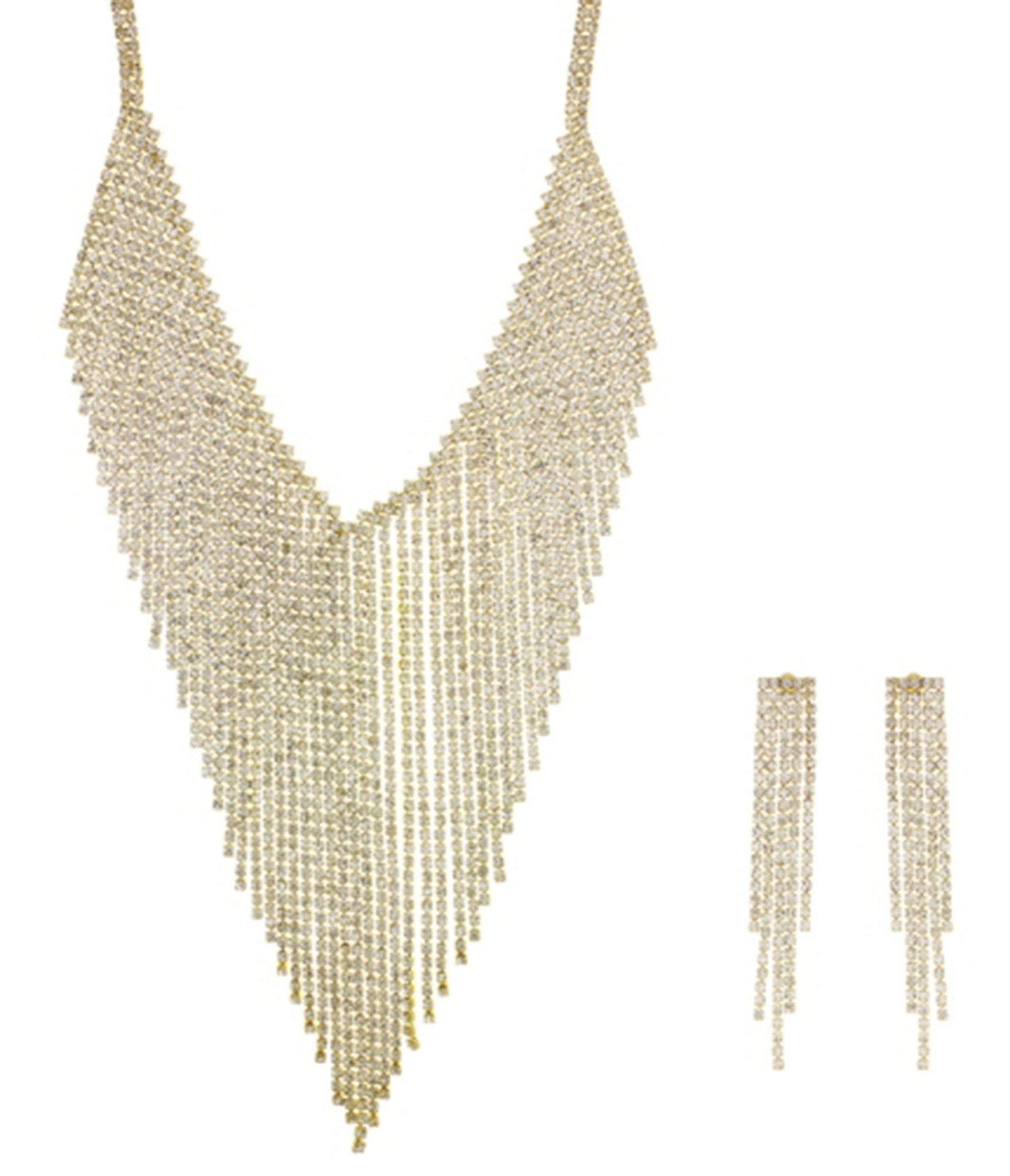 

1920S Gold & Silver Rhinestone Fringe Necklace & Earrings Set