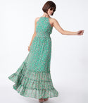 Tiered Keyhole Vintage Floral Print Sleeveless Halter Smocked Crepe Dress by Style U