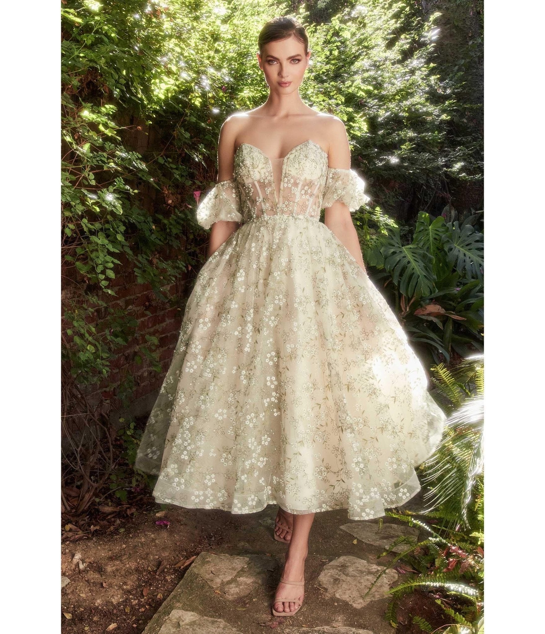 

Cinderella Divine Green Romantic Floral Organza Tea Length Bridesmaid Gown