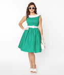 Cotton Polka Dots Print Scoop Neck Belted Swing-Skirt Dress